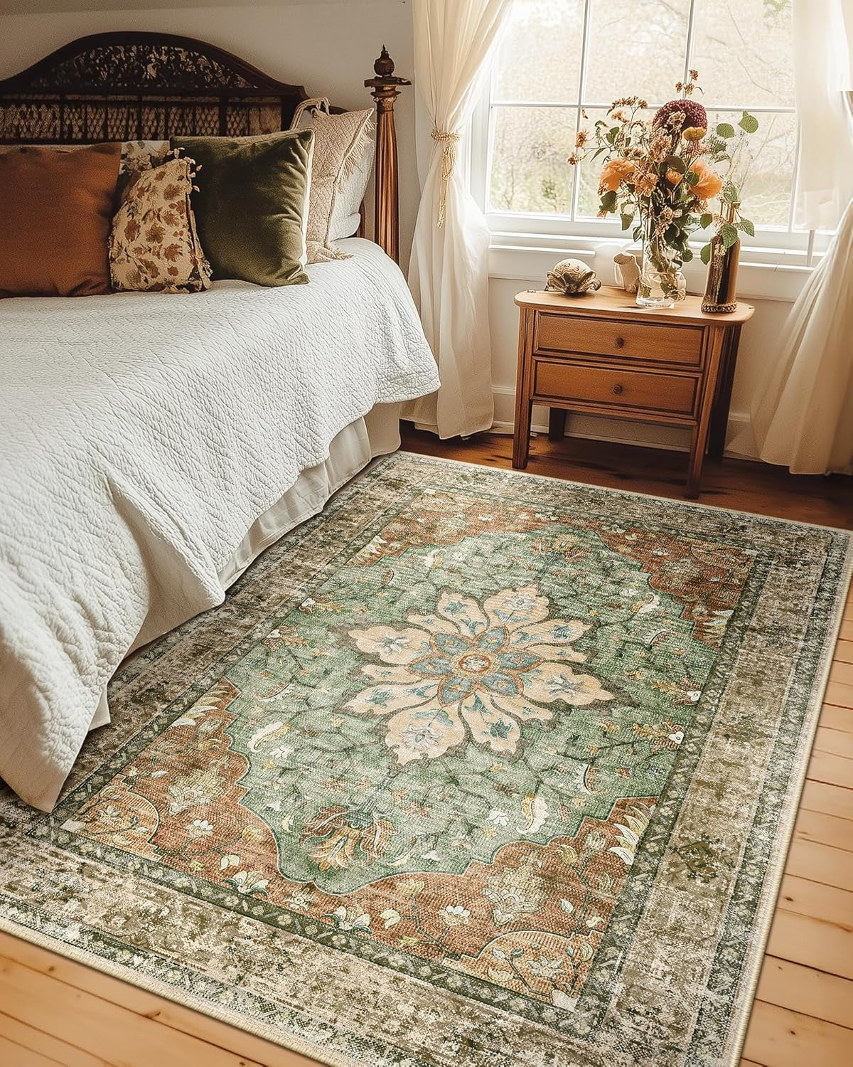 Area Rugs 5'X7' Washable Non-Slip, Floral Vintage Distress Print Pattern Medallion Carpet, Brick Red Rust Red Neutral