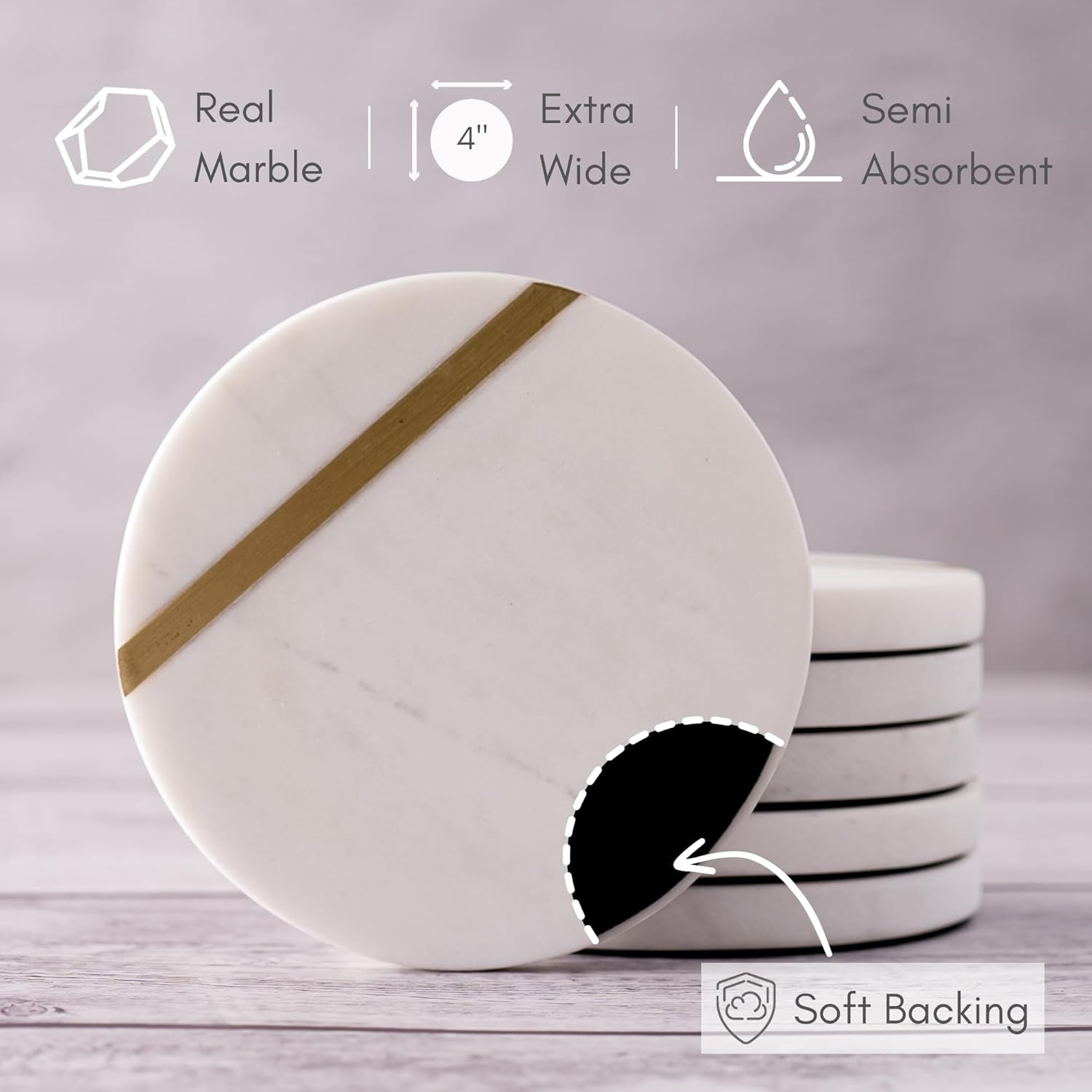 Marble Coasters Set of 6 - Luxury Aesthetic Modern Decor for Coffee Table- White Marble with Gold Brass Inlay