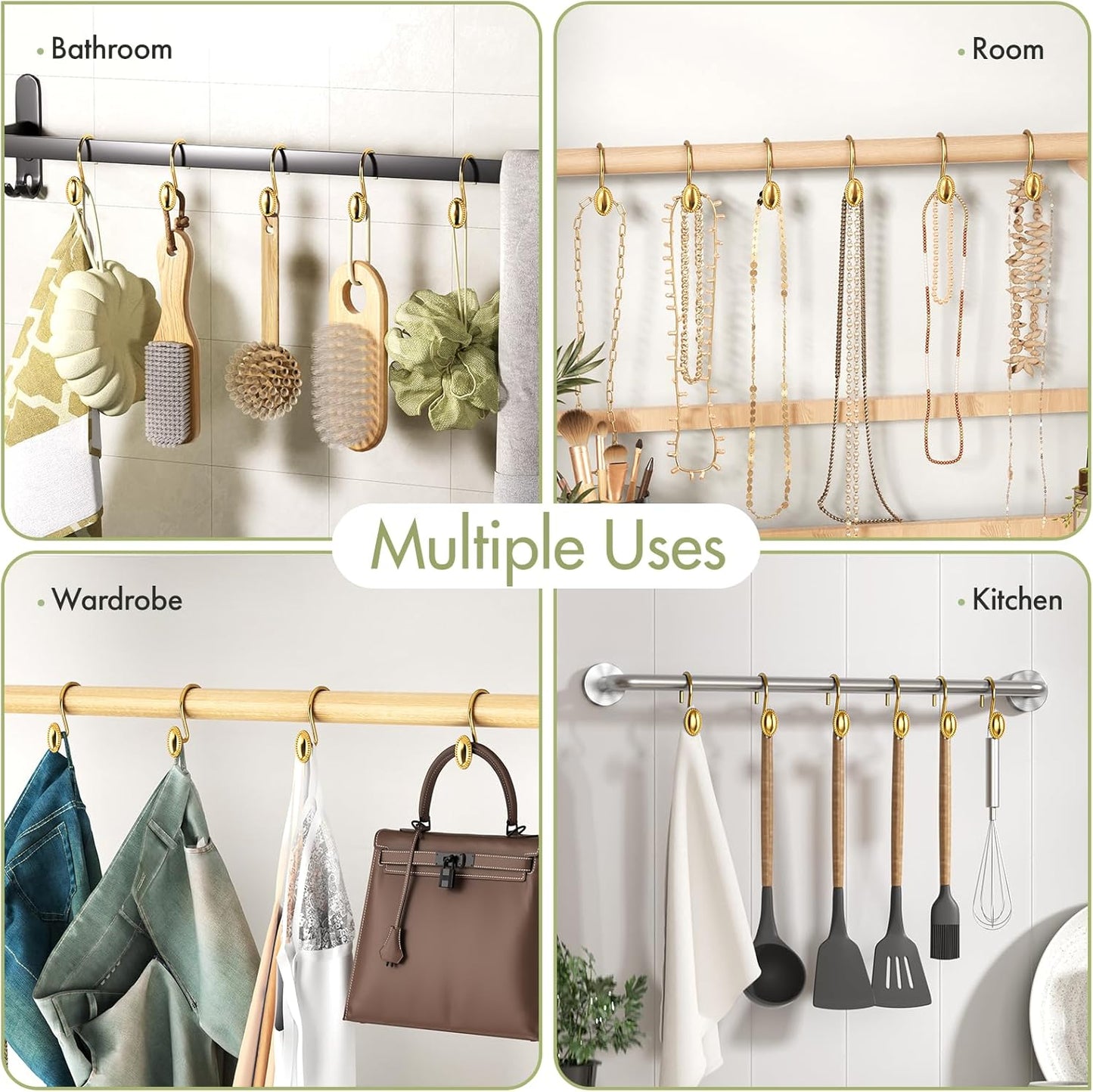 Gold Shower Curtain Hooks, 12PCS Rust Proof Shower Curtain Rings, Decorative Modern Shower Curtain Hangers