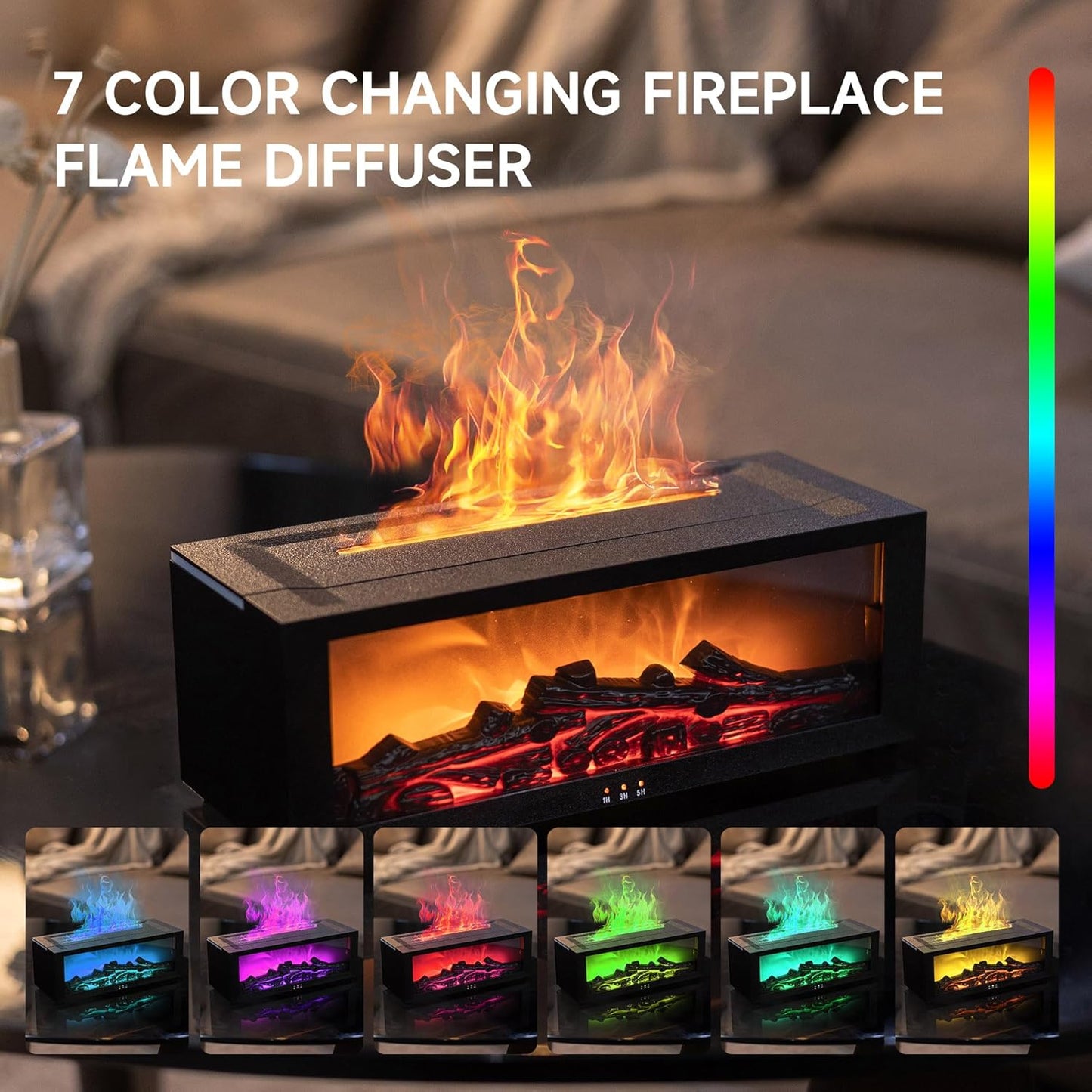 Fireplace Flame Air Diffuser Humidifier,7 Colors Aromatherapy Essential Oil Diffuser (Black, L)