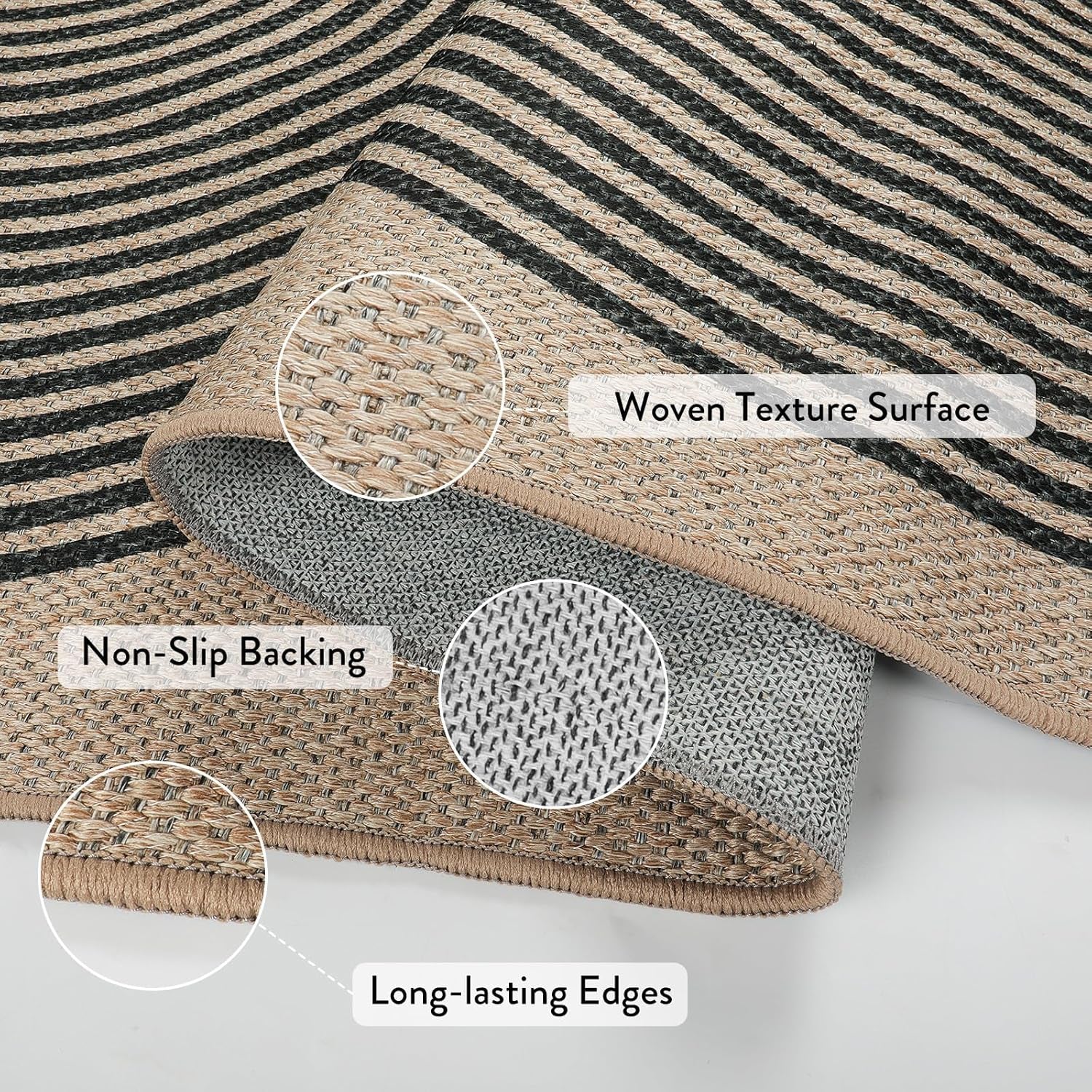 Modern Rainbow Easy Jute Rug, Washable 5X7 Area Rugs for Living Room, Black