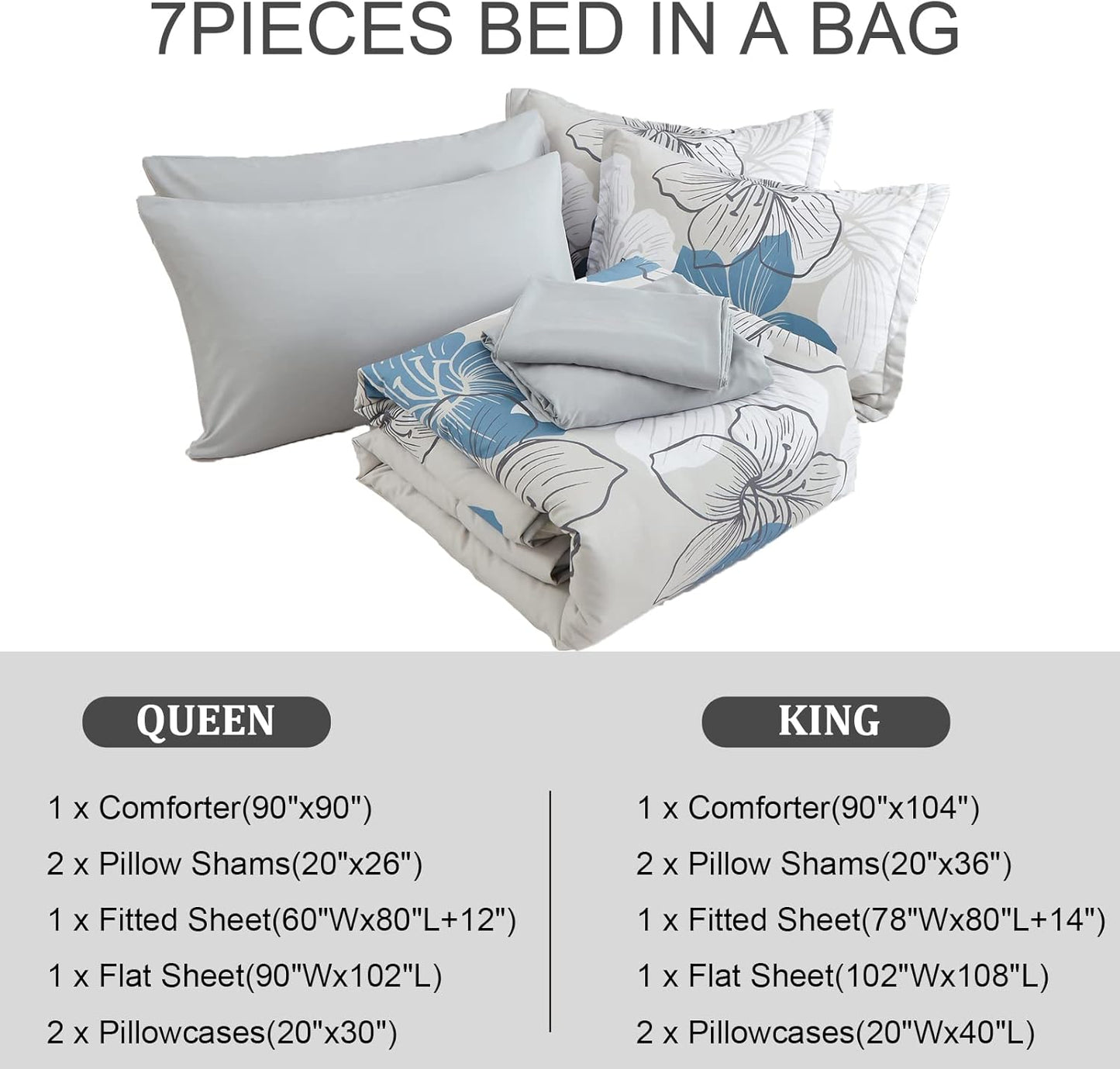 Floral Comforter Set Queen Size, Blue Floral Comforter and Sheet Set, 7 Pieces Bed in a Bag Soft Microfiber Complete Bedding Sets