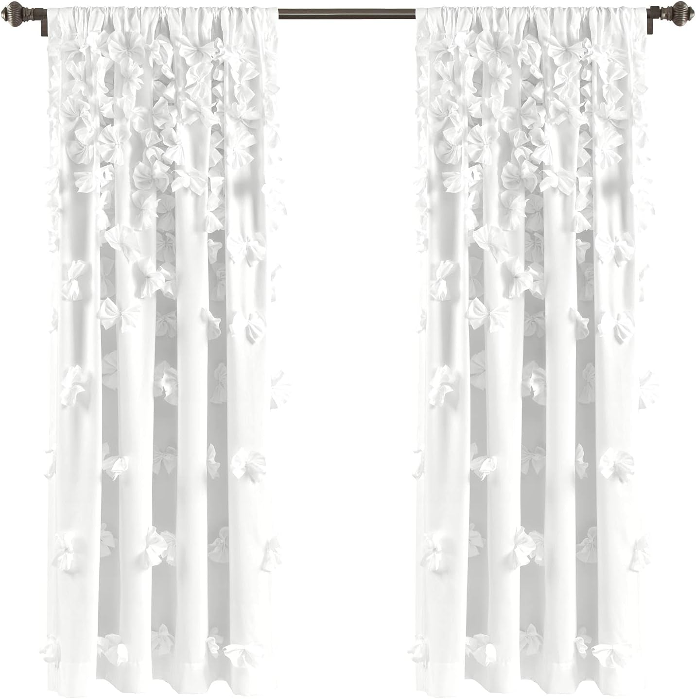 Window Curtain Panel - Charming Handmade Bow Details - Elegant Light Filtering Single Curtain - 54" W X 63" L, White