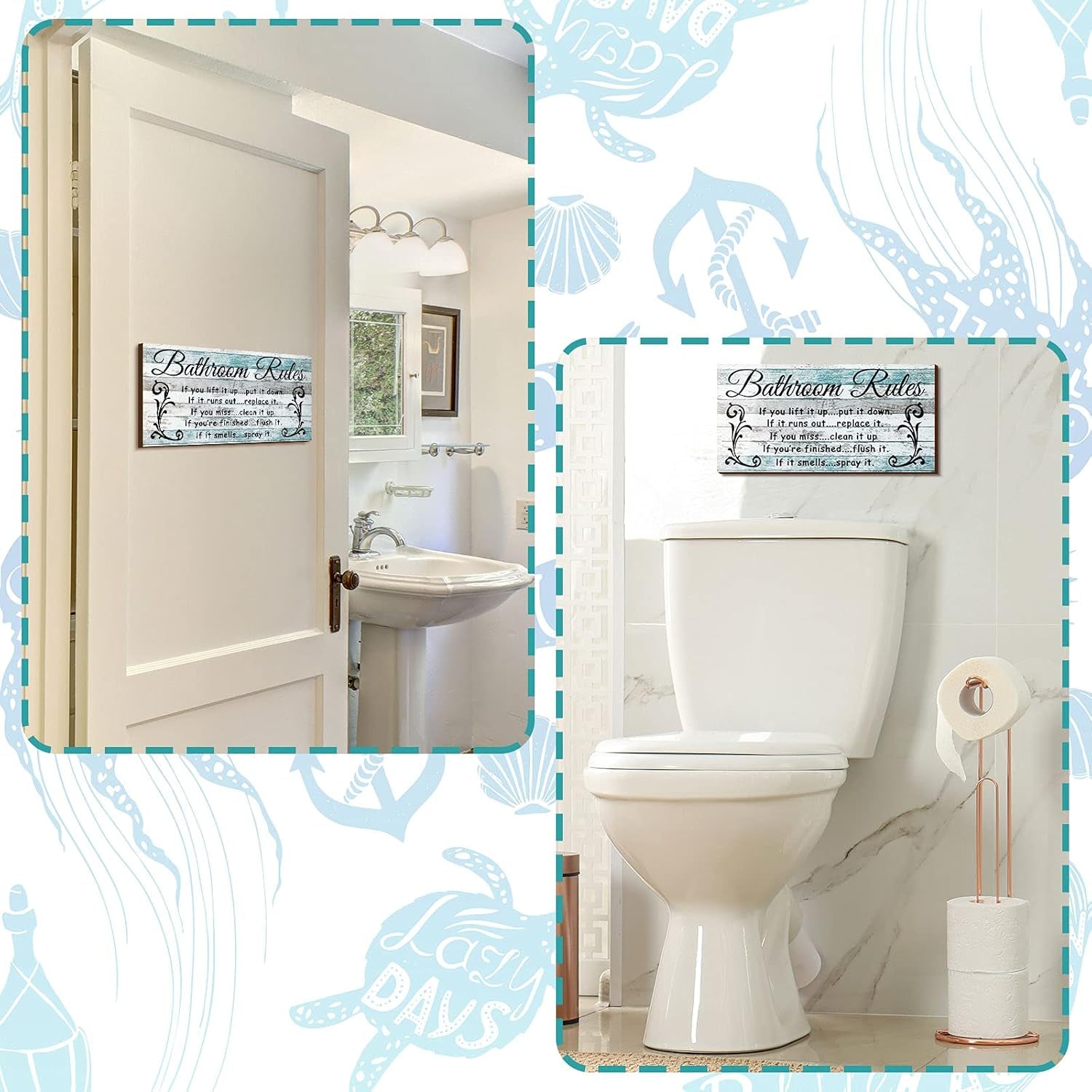 2 Pieces Funny Bathroom Signs Bathroom Wall Decor, Farmhouse Rustic Wooden Signs (Chic Style)