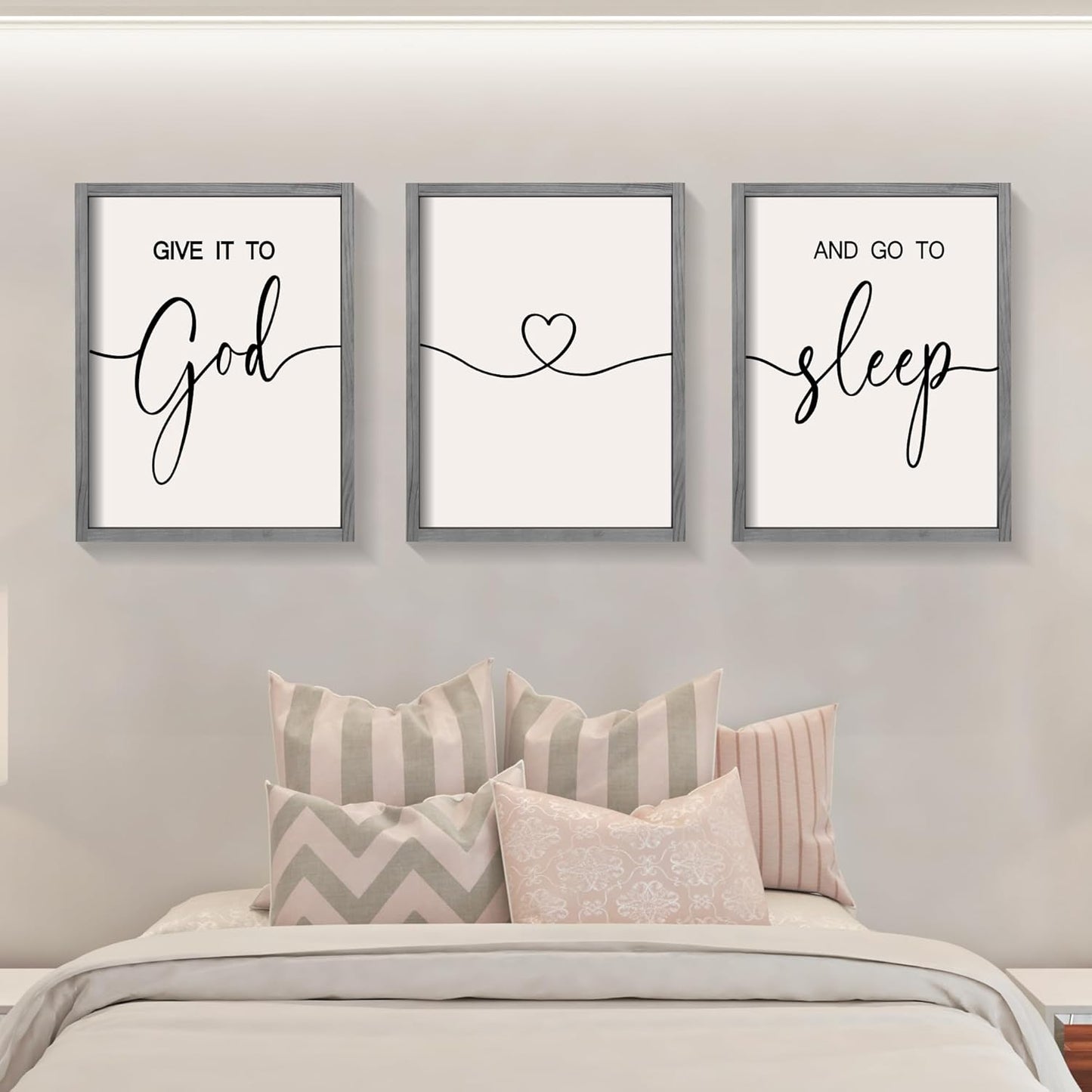 Give It to God and Go to Sleep Sign Set of 3 Wall Decor, Wood Framed (Gray, 11”X14”)