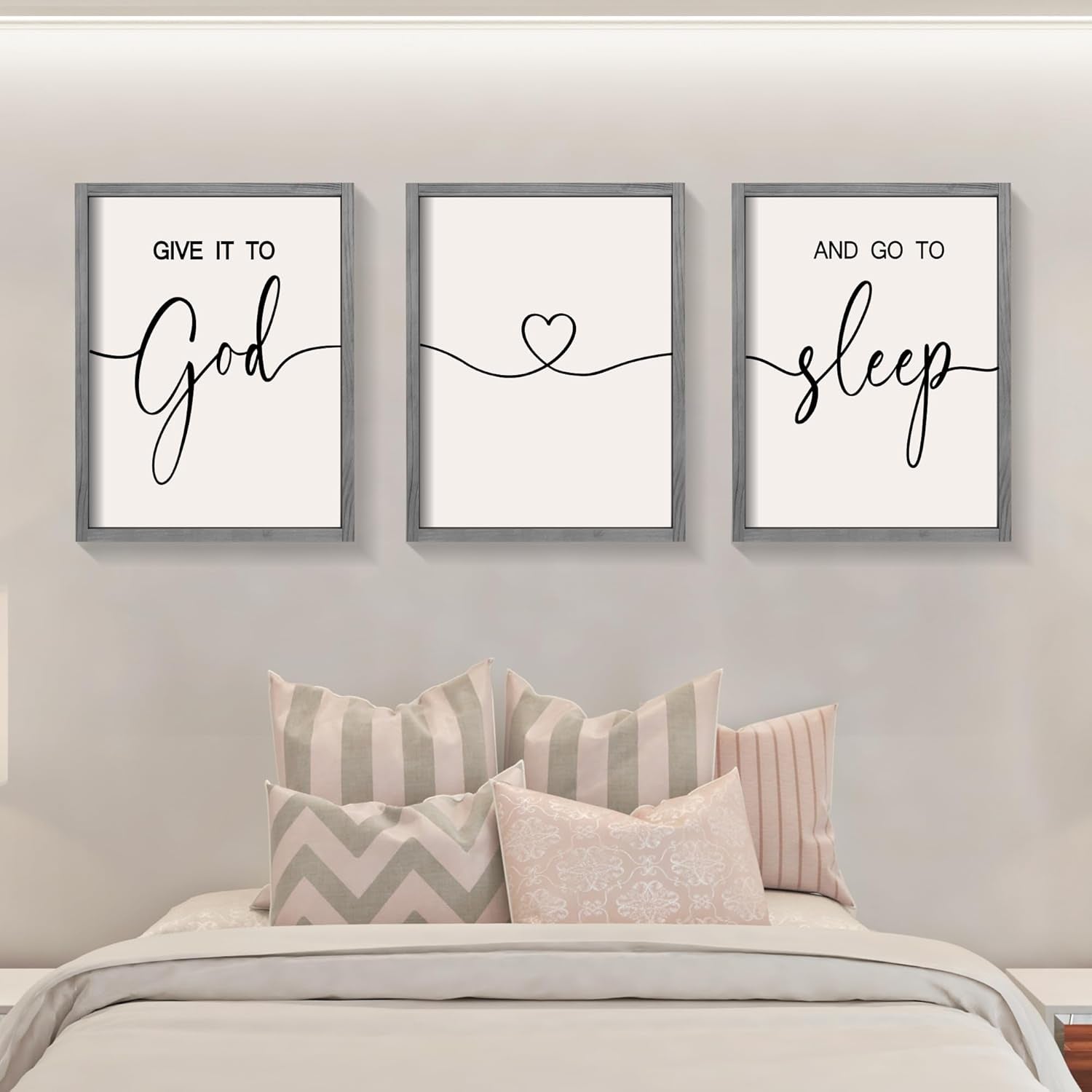 Give It to God and Go to Sleep Sign Set of 3 Wall Decor, Wood Framed (Gray, 11”X14”)