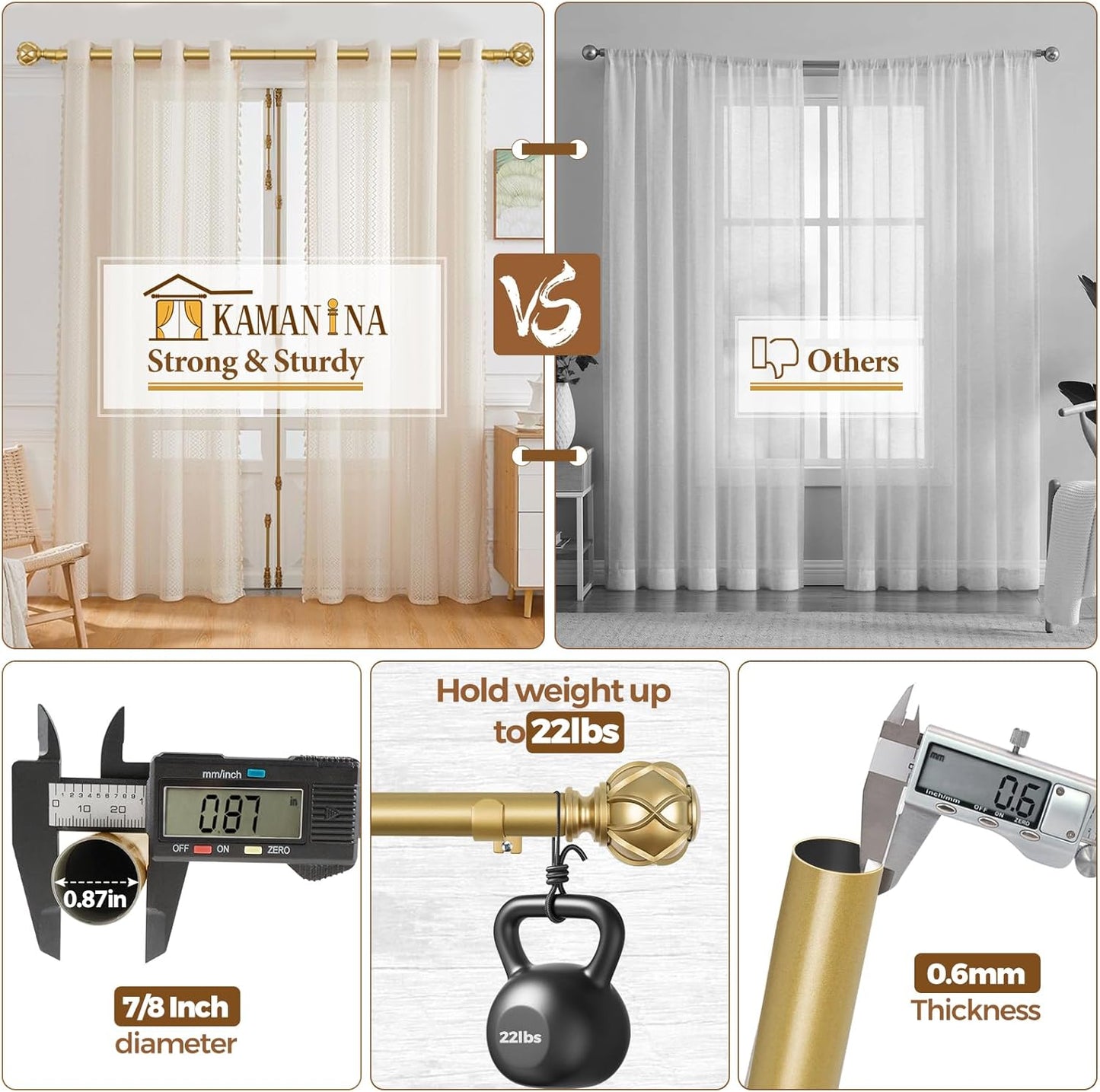 Gold Curtain Rod 32 to 58 Inch(2.6-4.8Ft), 7/8 Inch Single Adjustable Curtain Rods for Windows 28 to 48, Decorative Drapery Rods with Netted Texture Ends