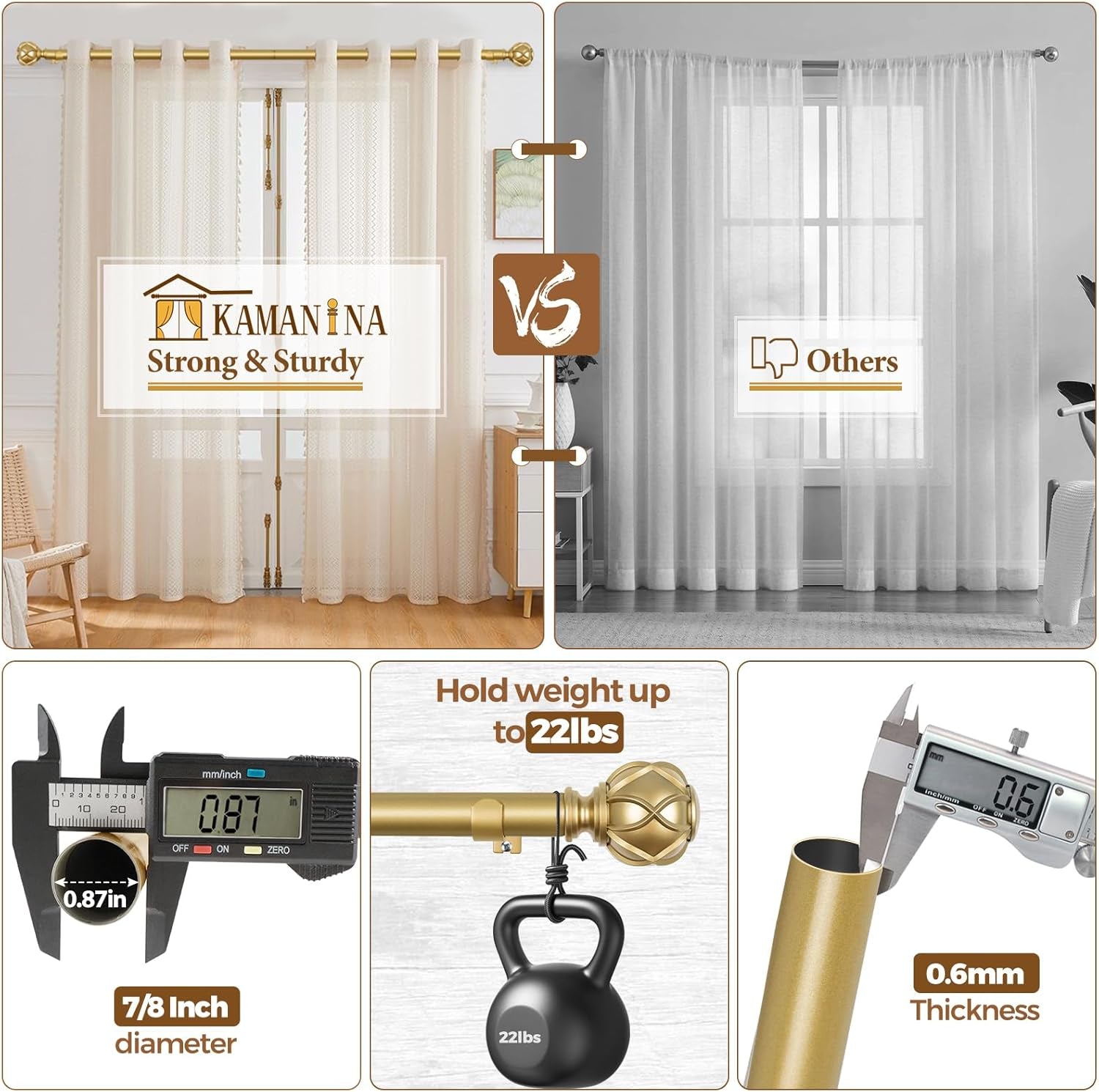 Gold Curtain Rod 32 to 58 Inch(2.6-4.8Ft), 7/8 Inch Single Adjustable Curtain Rods for Windows 28 to 48, Decorative Drapery Rods with Netted Texture Ends