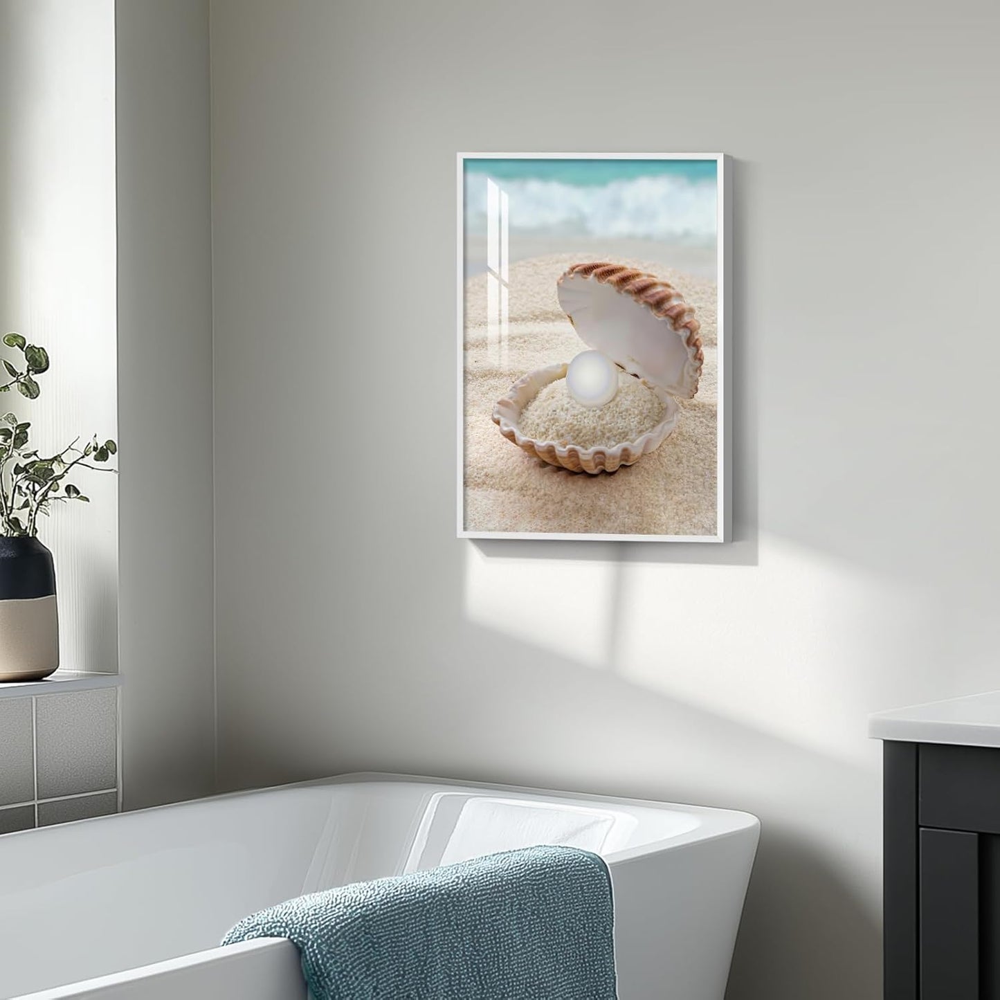 Framed Bathroom Wall Art, Modern Beach Coastal Coral Painting Print Artwork, 12X16 Inch