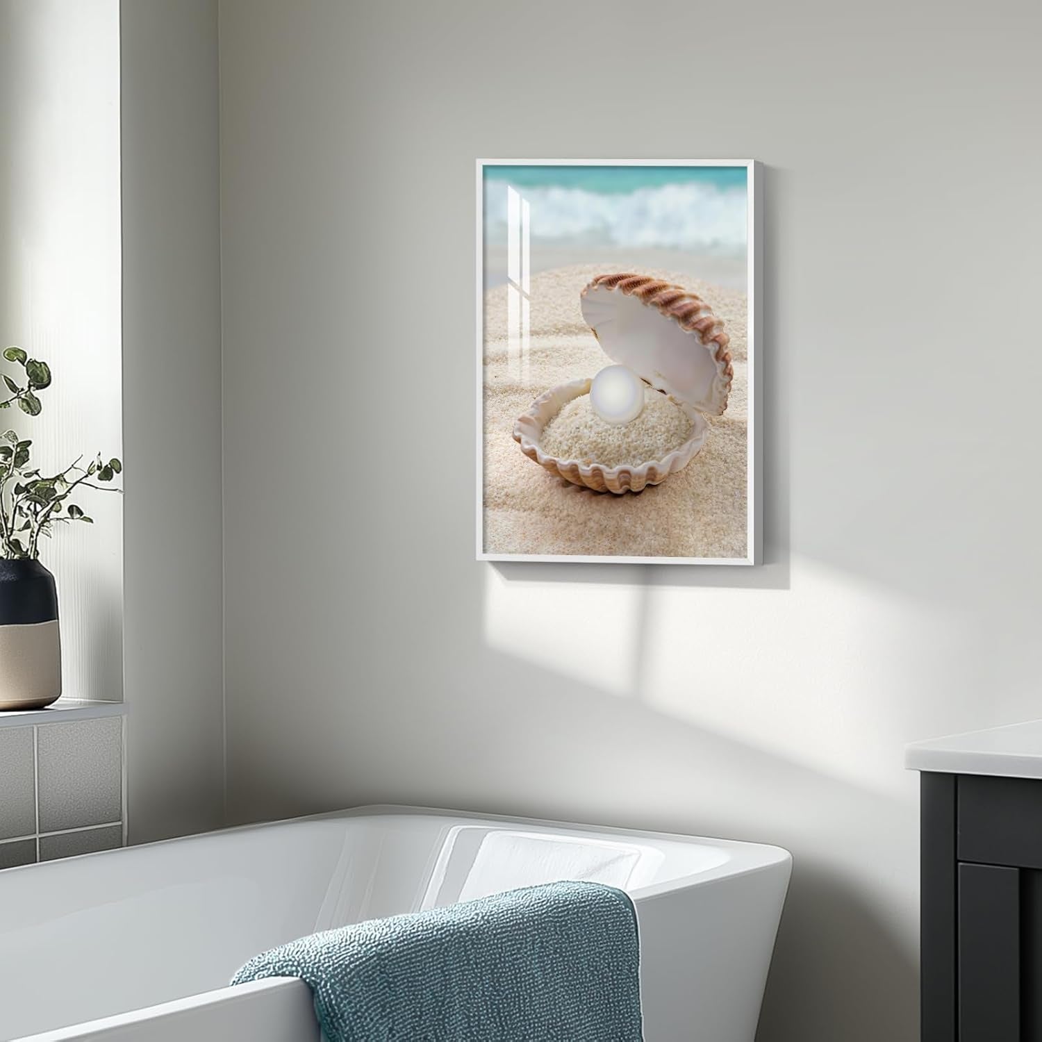 Framed Bathroom Wall Art, Modern Beach Coastal Coral Painting Print Artwork, 12X16 Inch