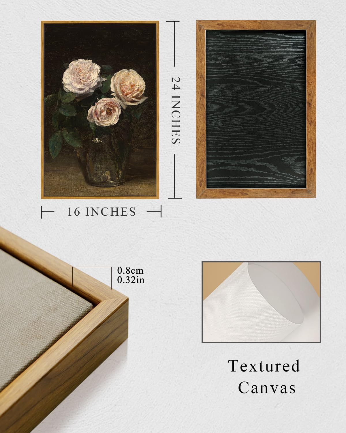 Framed Wall Art, Roses in Glass Vase Vintage Flower Prints Classical Oil Painting,16X24In