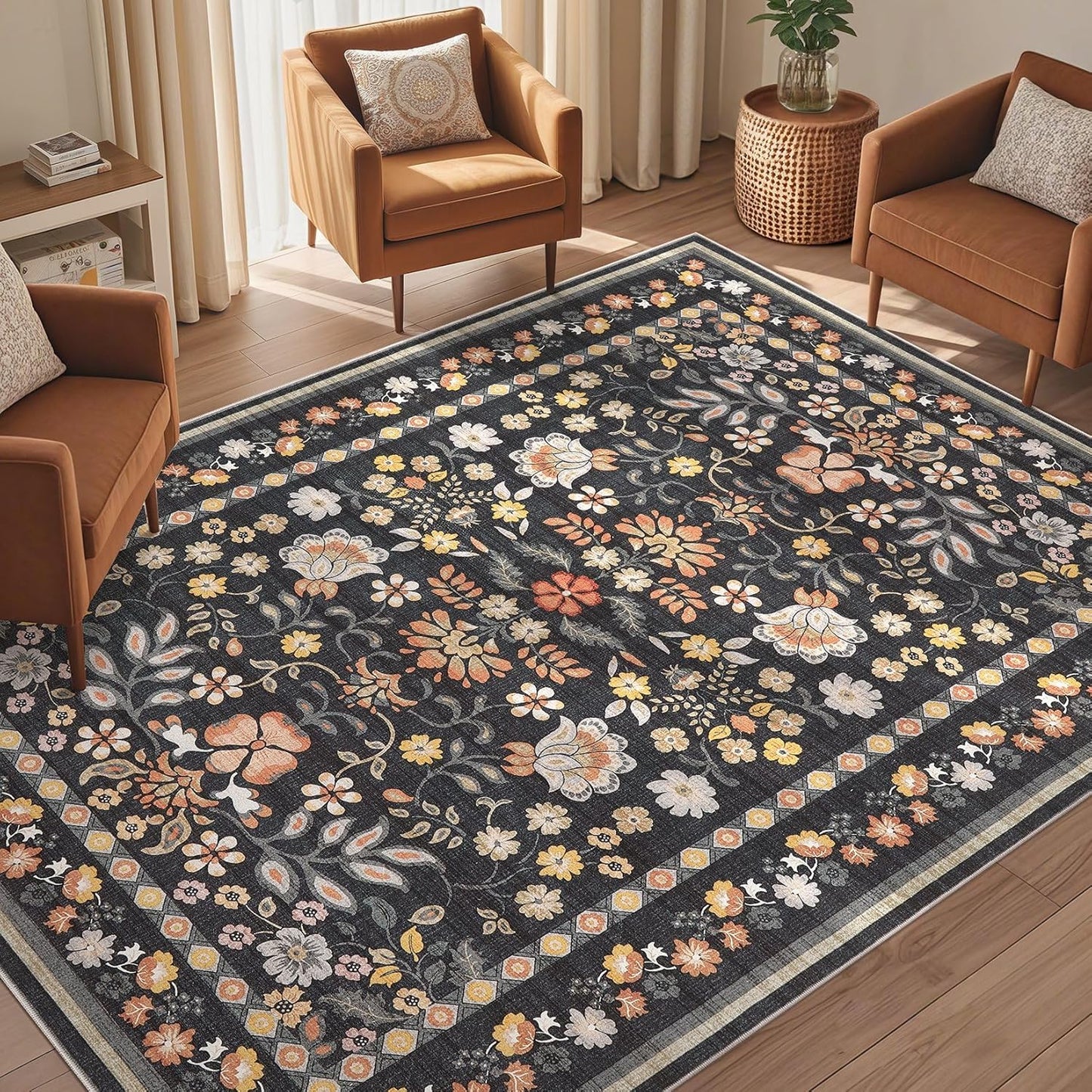 5X7 Area Rug Living Room Rugs - Washable Boho Vintage Floral Large Soft Non-Slip Thin Rug Low Pile Carpet- Black Grey