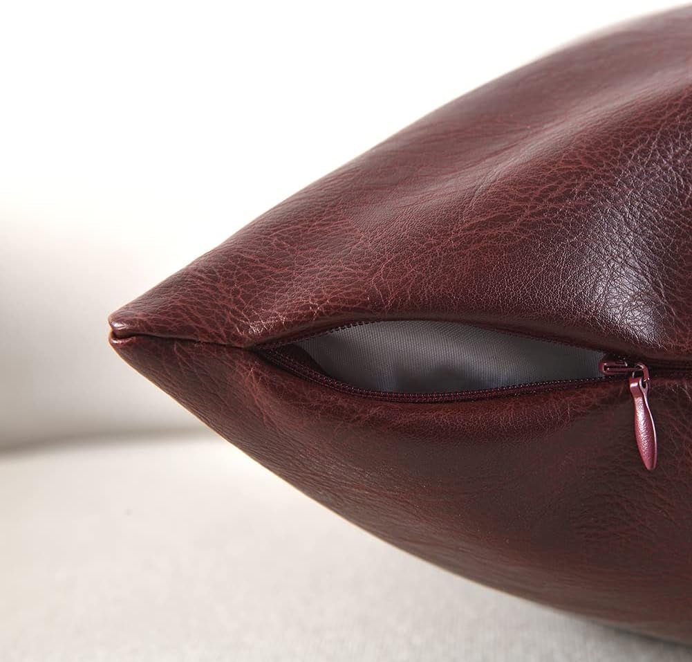 2 Packs Burgundy Lumbar Faux Leather Decorative Throw Pillow Covers 12X20 Inch