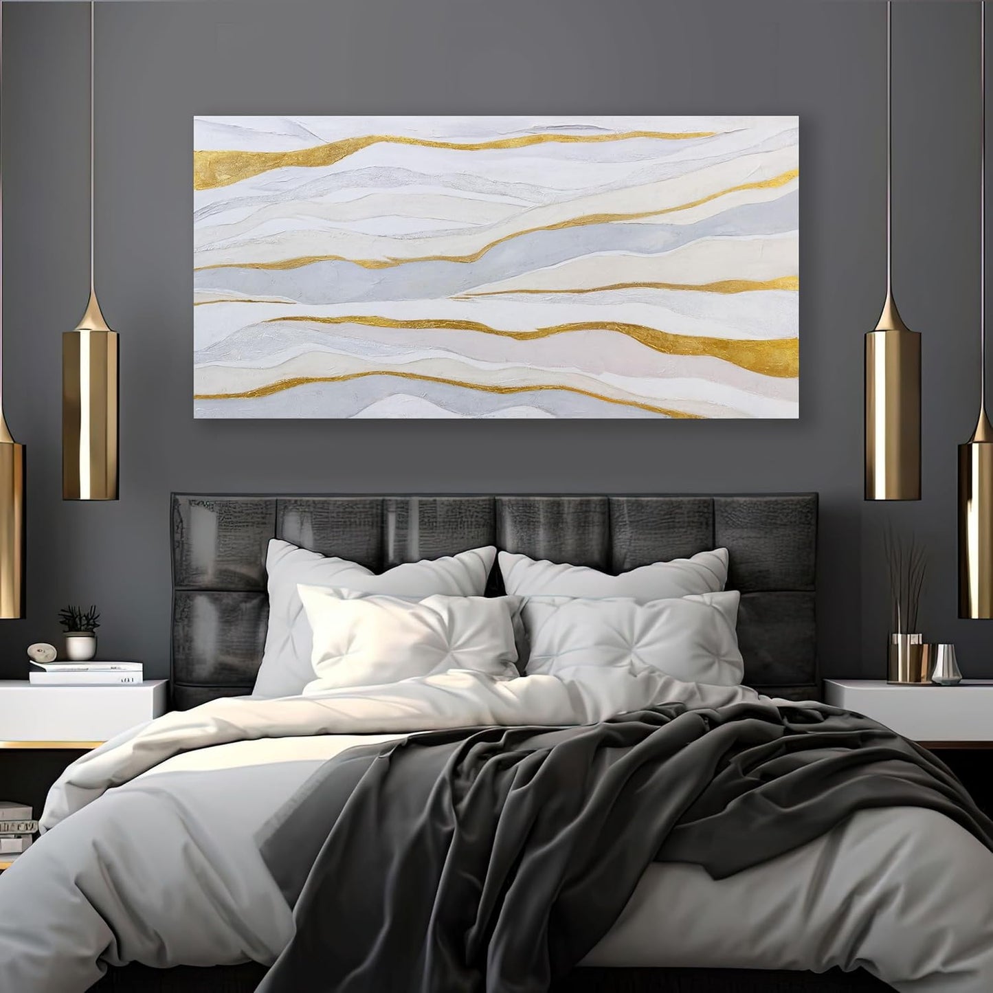Abstract Wall Art White and Gold Wave Lines Canvas Print Artwork, Home Decor 20X40 Inch