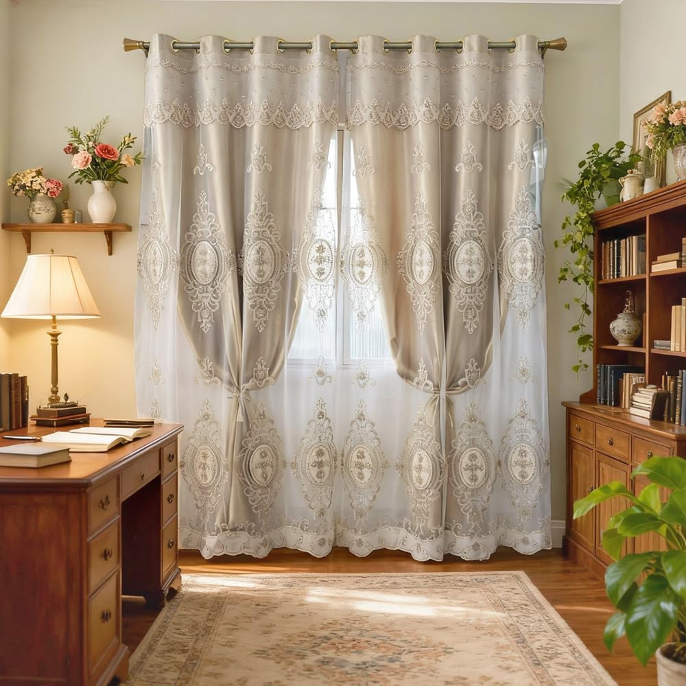 European Luxury Embroidered Curtains 96 Inch with Valance – 3D Floral Gold Drapes for Living Room & Bedroom, 2 Panels (52"W x 96"L)