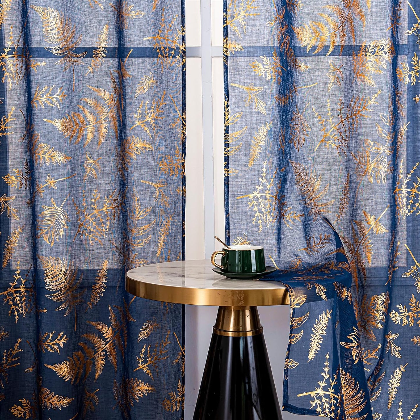 Sheer Curtains 2 Panels, Gold Foil Metallic Vine Leaves Print Window Treatments Pair, Privacy Drapes Rod Pocket 52" W X 84" L, Navy Blue