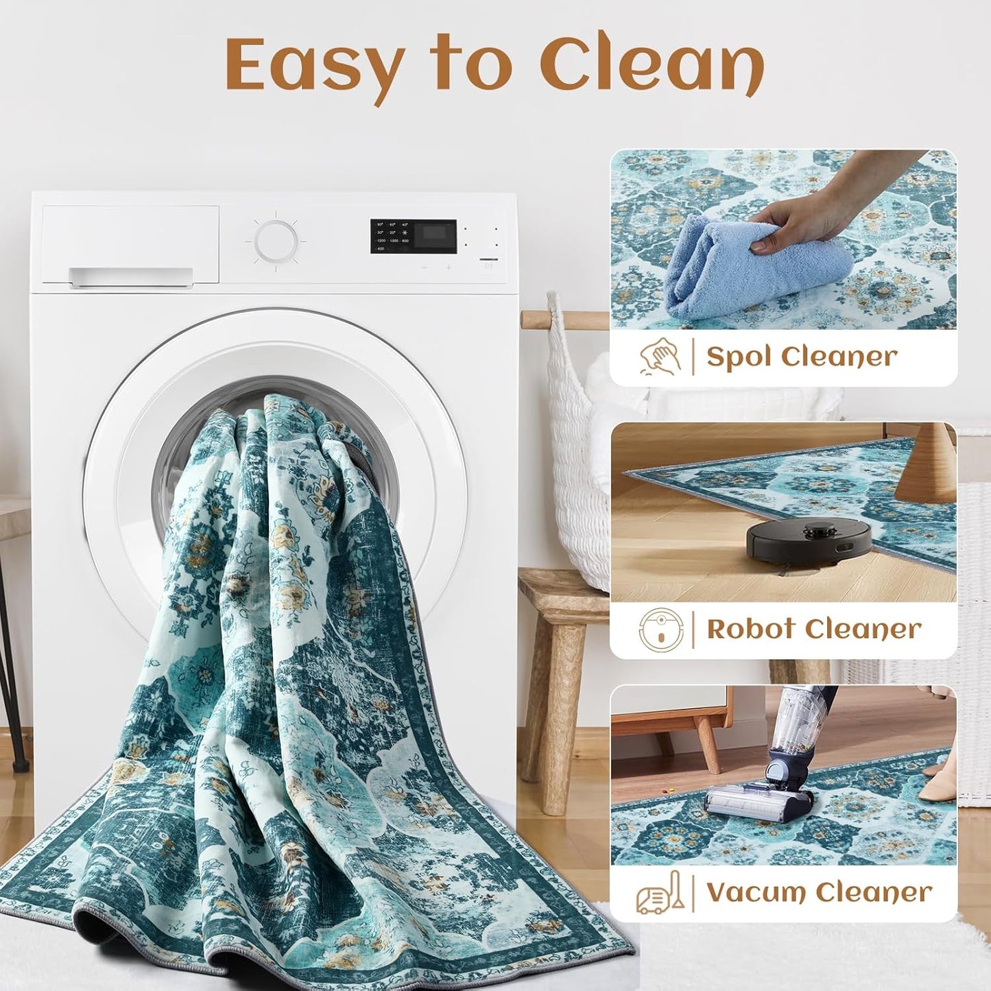 Area Rug, 5X7 Washable Boho Throw Rugs, Moroccan Trellis Bohemian Turquoise Ultra Soft- Teal/Multi