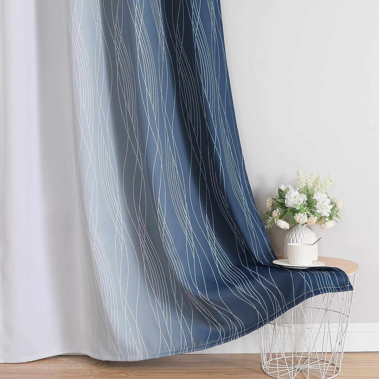 Navy Blue and Greyish White Blackout Curtains 52Wx84L,2 Panels
