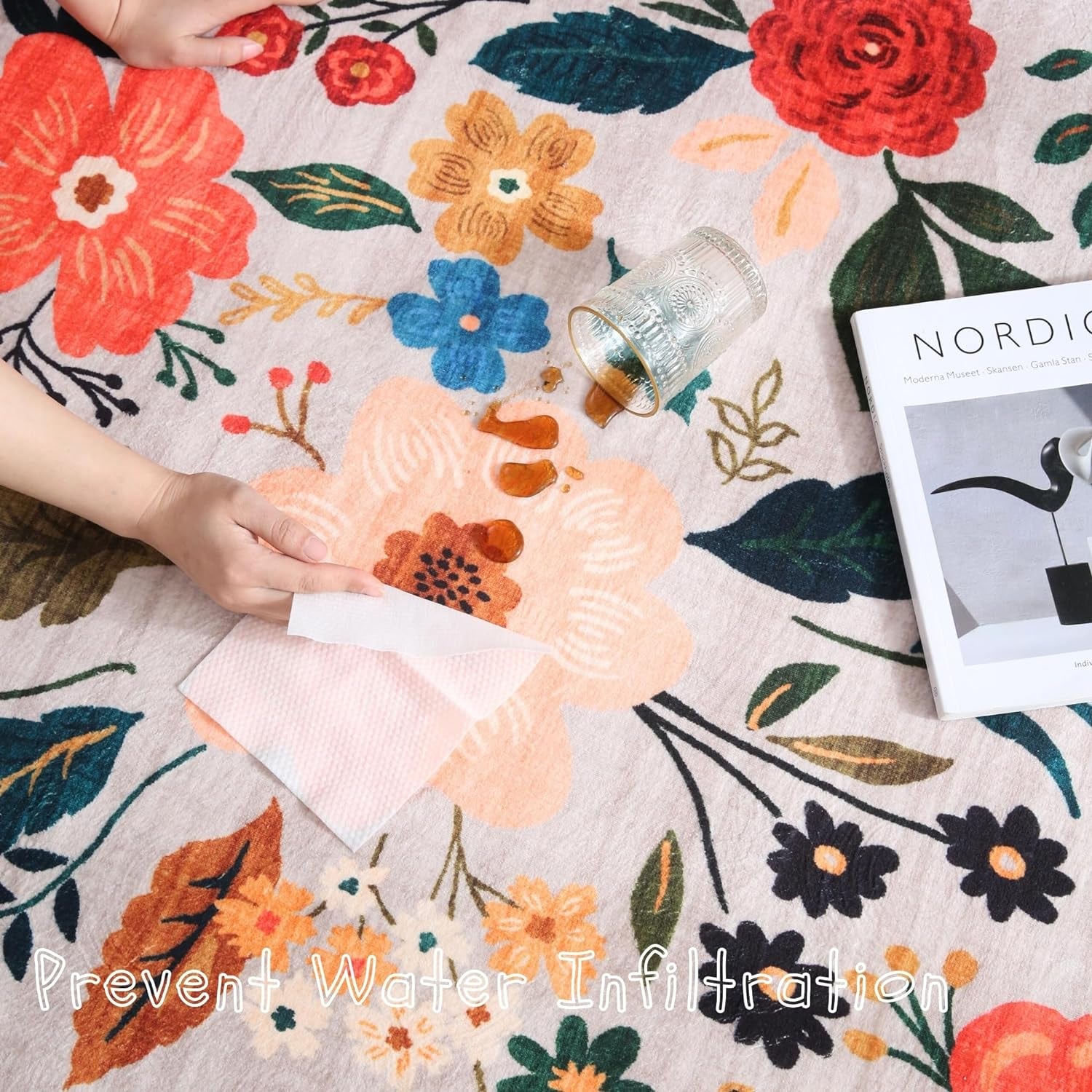 Round Rug 6Ft, Washable Circle Rug Non-Slip, Low Pile Boho Floral Small Circular Rug (Beige)