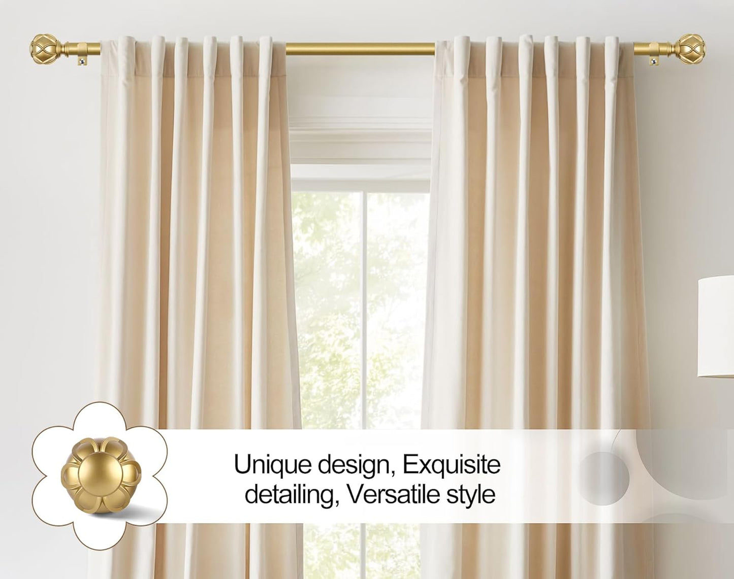 Gold Curtain Rod 32 to 58 Inch(2.6-4.8Ft), 7/8 Inch Single Adjustable Curtain Rods for Windows 28 to 48, Decorative Drapery Rods with Netted Texture Ends