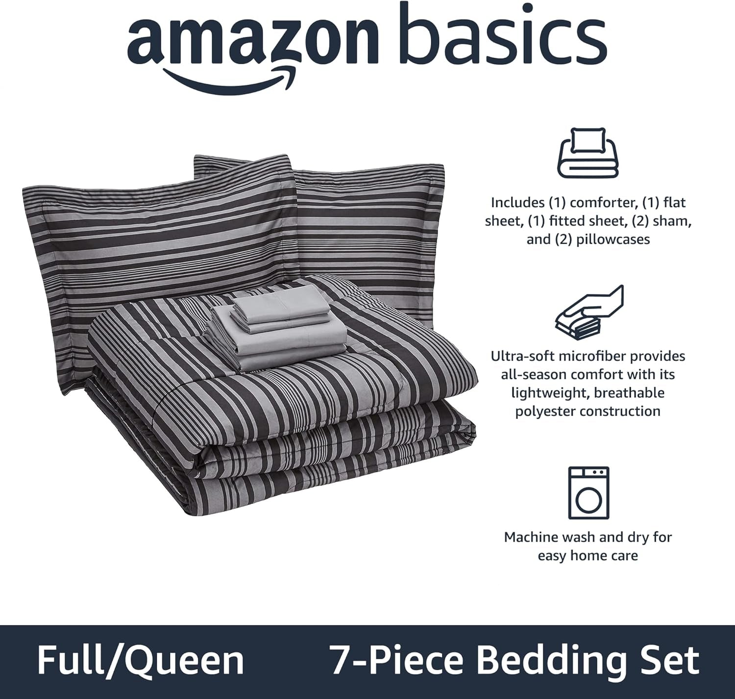 7-Piece Gray Calvin Stripe Bedding, Full/Queen Comforter Set with Sheets