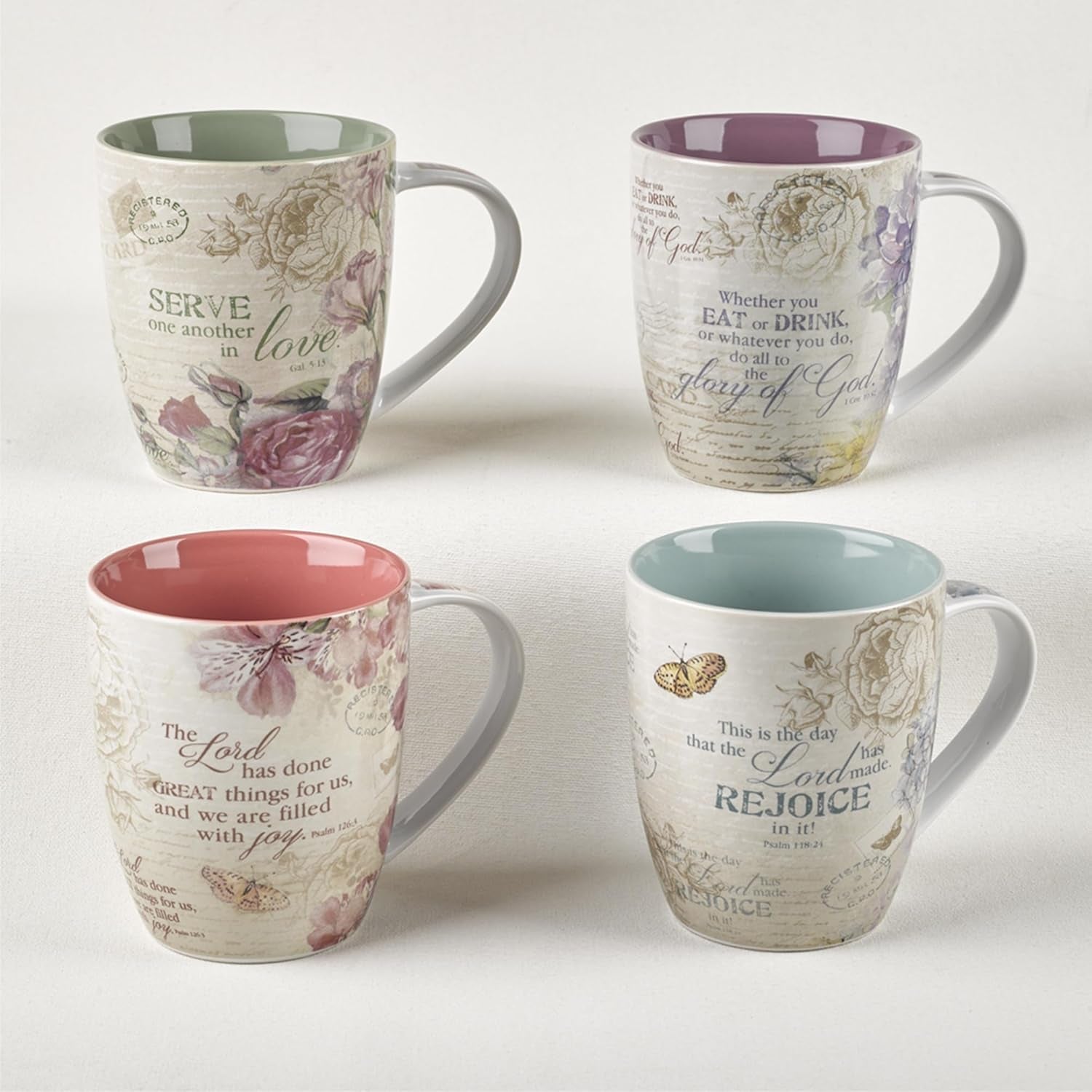 Ceramic Coffee/Tea Mug Set for Women | Vintage Botanic Floral Inspirations Design Bible Verse Mug Set | Boxed Set/4 Coffee Cups