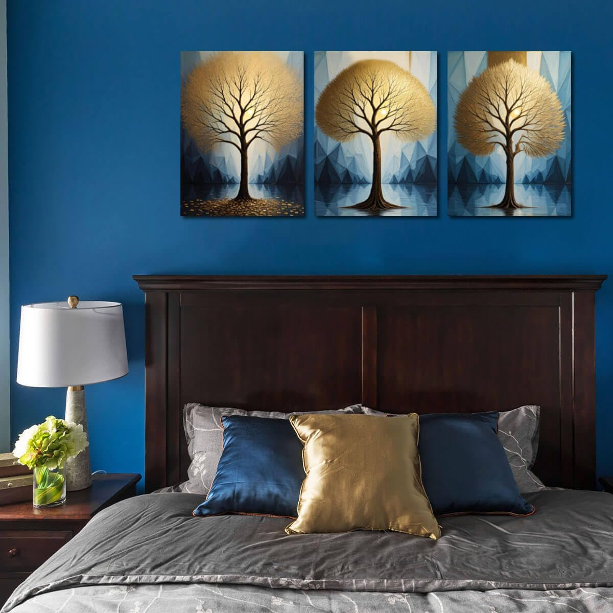 Tree Wall Art Gold Heart Shape Landscape Tree of Life Painting Teal Geometric Mountain Framed, 12"X16"X3 Panels