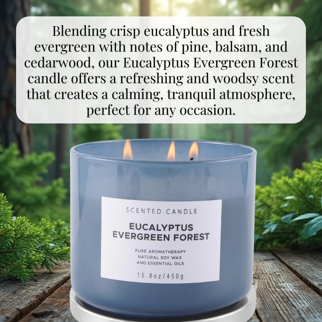 Eucalyptus Evergreen Forest Luxury 3 Wick Winter Pine Candle,15.8 Oz