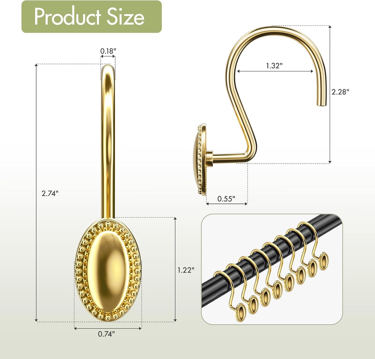 Gold Shower Curtain Hooks, 12PCS Rust Proof Shower Curtain Rings, Decorative Modern Shower Curtain Hangers