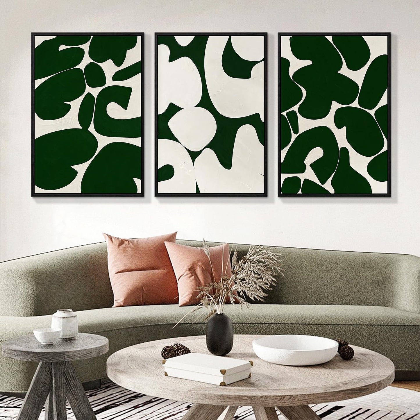 3Pcs Framed Canvas Wall Art, Neutral Abstract Wall Art for Living Room, Green and White Pictures 12X16