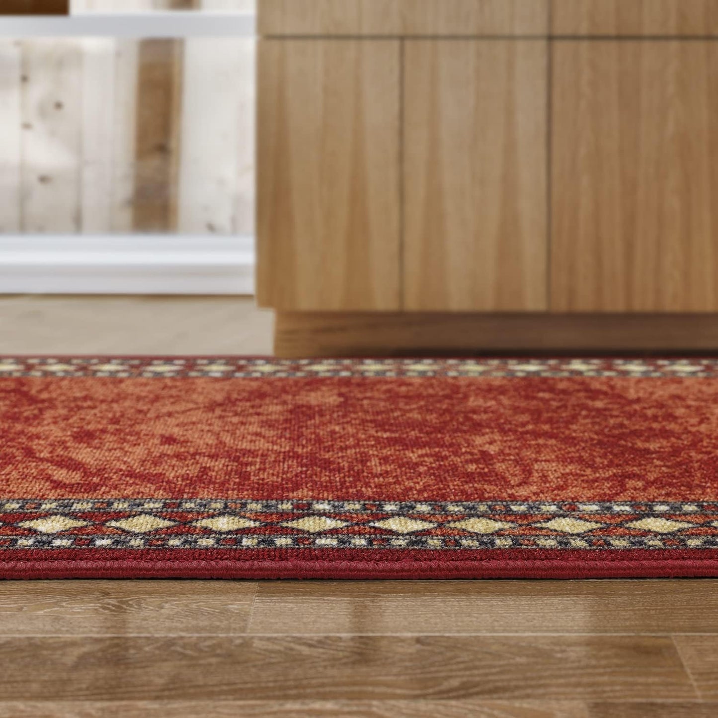 Alfombras Modern Bordered 2X10 Non-Skid (Non-Slip) Low Profile Pile Rubber Backing Indoor Area Runner Rugs (Maroon Beige, 2' X 10')