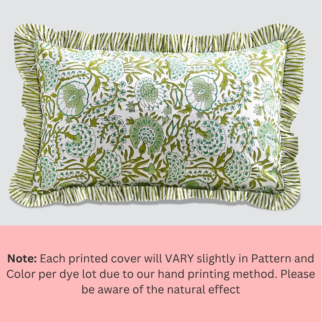 CPC Agate Green 100% Cotton Block Print Ruffle Sham Cover 12X20 Inch