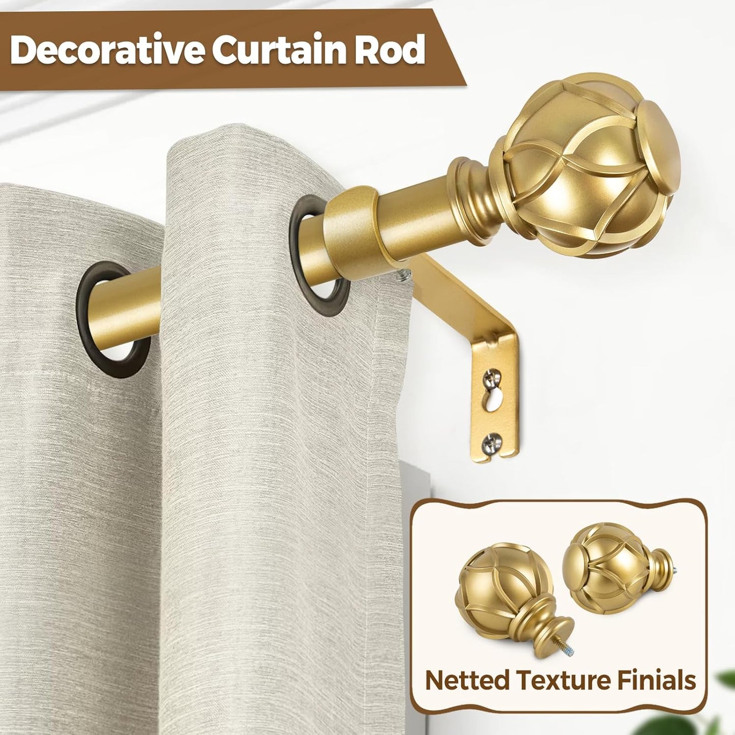 Gold Curtain Rod 32 to 58 Inch(2.6-4.8Ft), 7/8 Inch Single Adjustable Curtain Rods for Windows 28 to 48, Decorative Drapery Rods with Netted Texture Ends