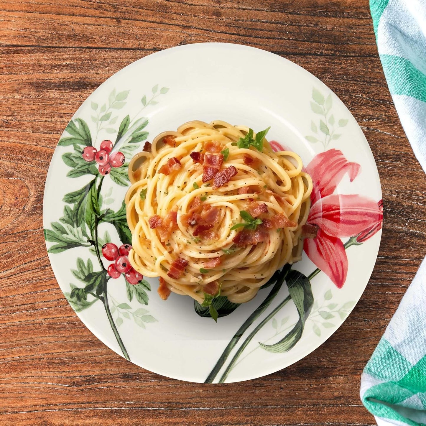 Tudor Royal 12-Piece round Porcelain Dinnerware Set, Service for 4, Rosemary, Summer Flowers