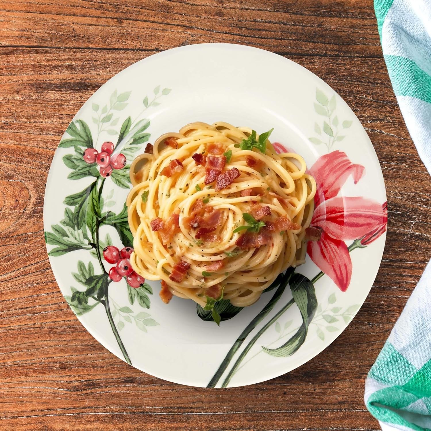 Tudor Royal 12-Piece round Porcelain Dinnerware Set, Service for 4, Rosemary, Summer Flowers