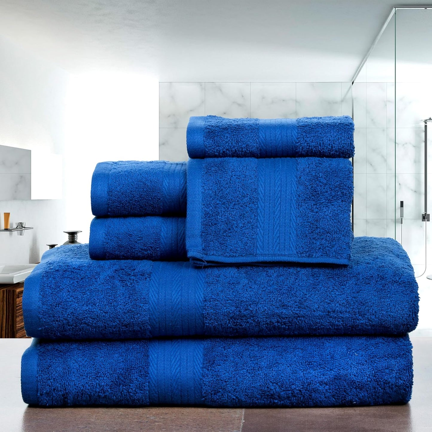 100% Cotton 6 Piece Towels Sets for Bathroom, 2 Bath Towels, 2 Hand Towels, 2 Wash Cloths - Navy Blue
