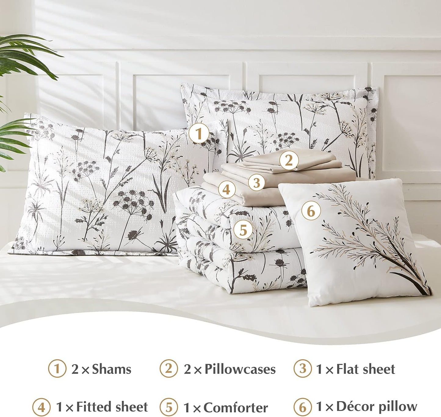 Dandelion Plant Comforter Set with Flowers Leaves Pattern, White and Grey Queen Size, 8pc (90"X90")