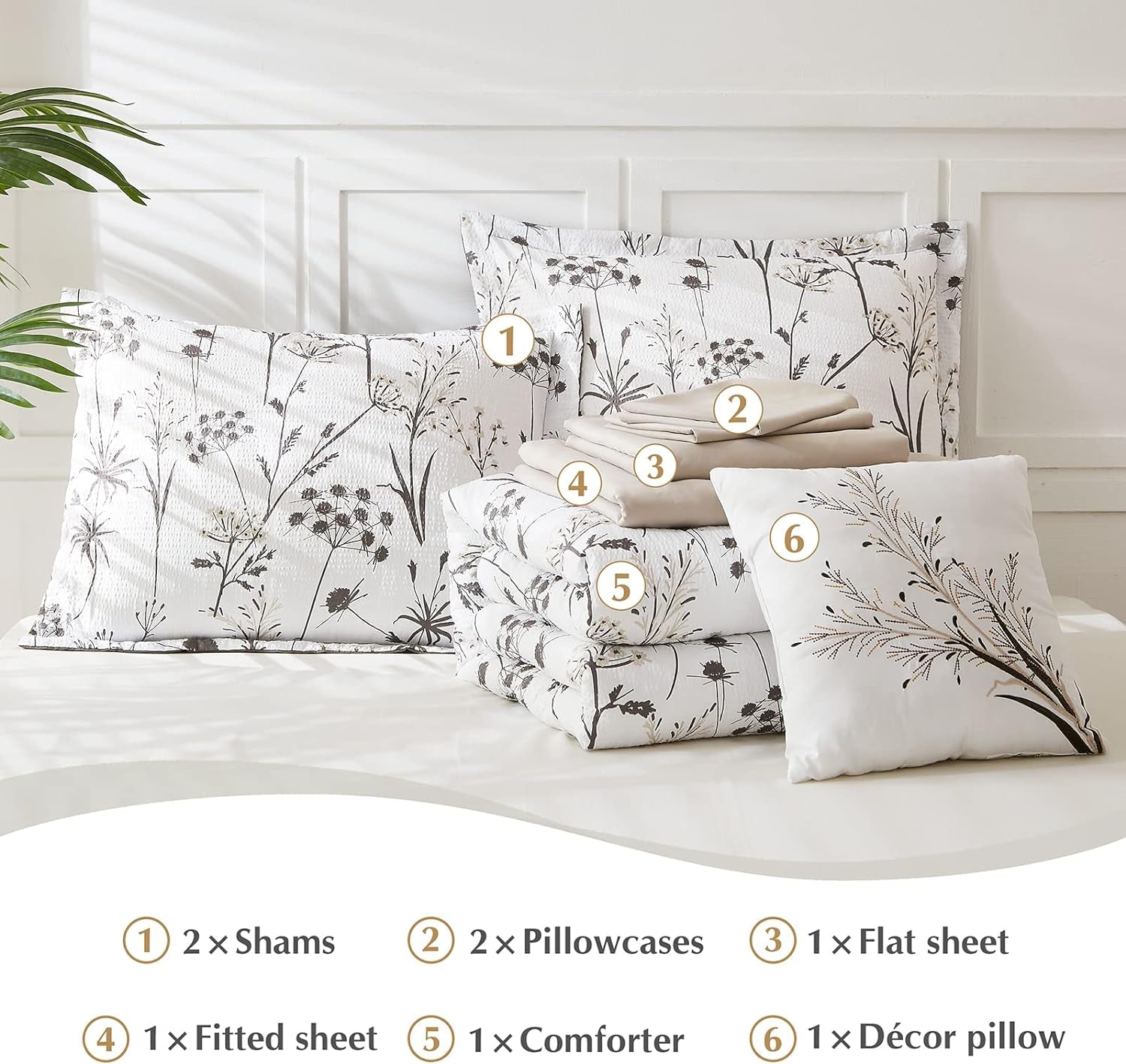 Dandelion Plant Comforter Set with Flowers Leaves Pattern, White and Grey Queen Size, 8pc (90"X90")