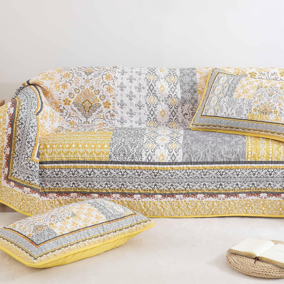Boho Quilt Set Twin, 3 Pcs Yellow Patchwork Bedspread Set