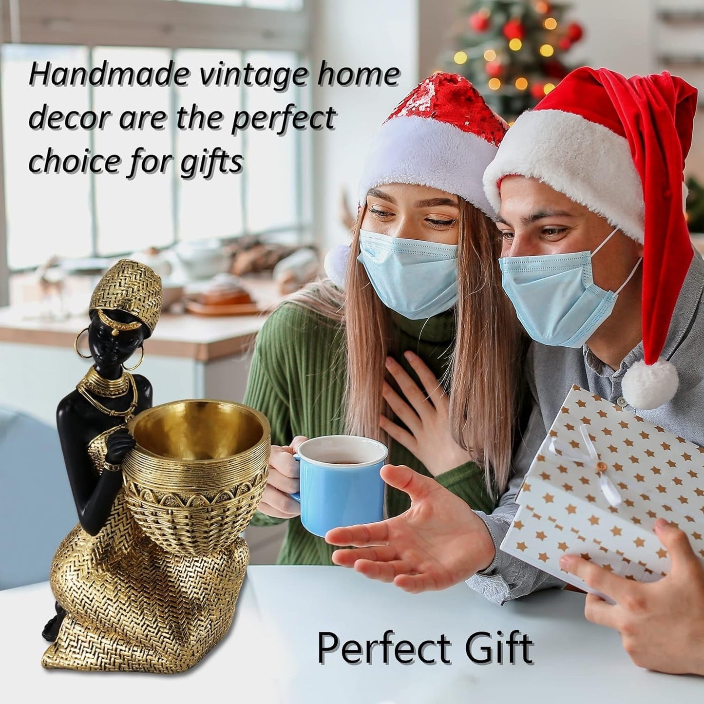 African Statues and Sculptures for Home Decor, Tribal Art Figurines for Living Room Decorations, Gold Vintage Aesthetic Ornament for Bookshelf and Tables, Housewarming Gifts for Women