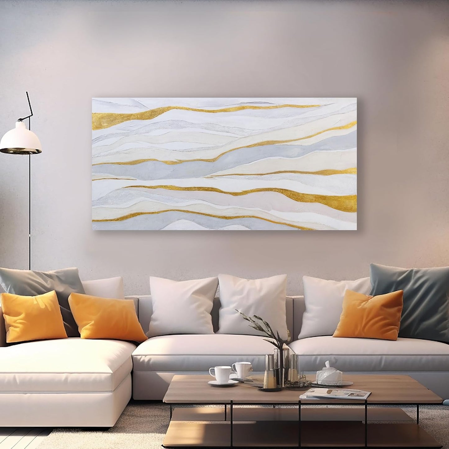 Abstract Wall Art White and Gold Wave Lines Canvas Print Artwork, Home Decor 20X40 Inch