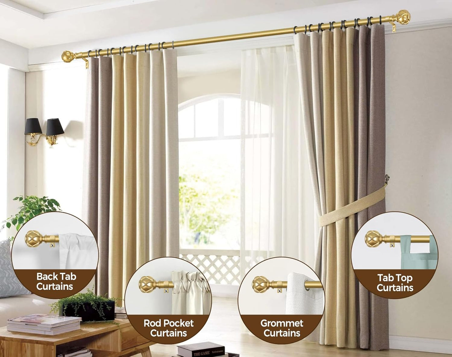 Gold Curtain Rod 32 to 58 Inch(2.6-4.8Ft), 7/8 Inch Single Adjustable Curtain Rods for Windows 28 to 48, Decorative Drapery Rods with Netted Texture Ends