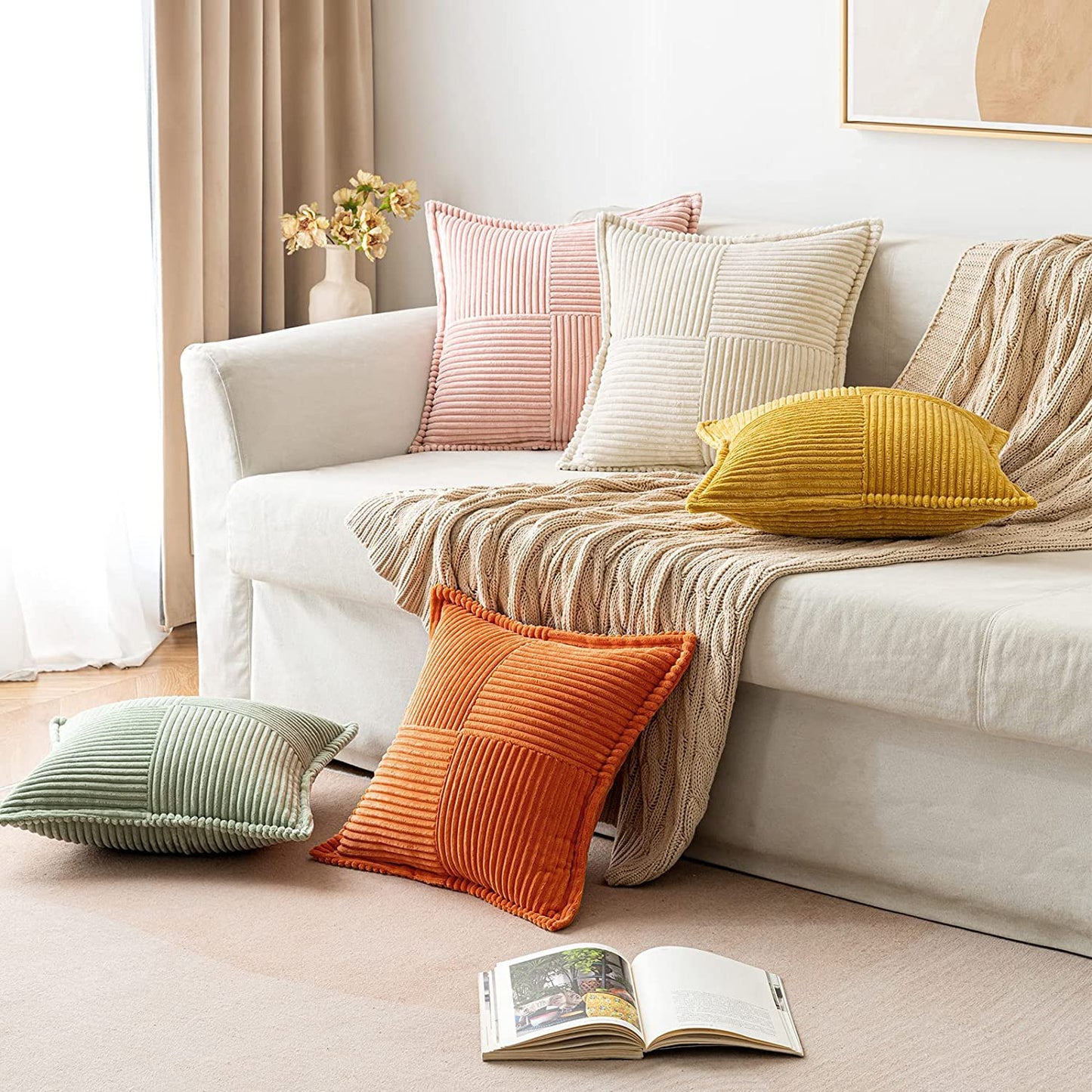 Corduroy Pillow Covers with Splicing Set of 2,18X18 Inch, Beige