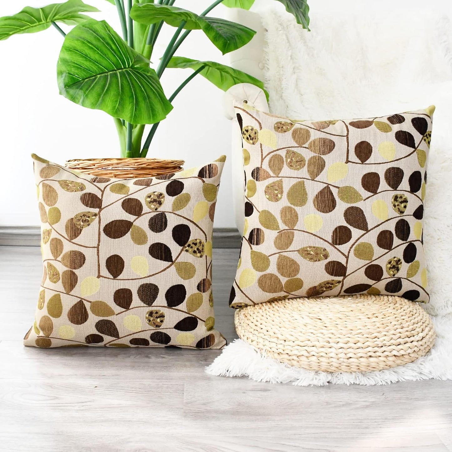 Throw Pillow Covers Luxury Chenille Cute Leaves 20 X 20 Inches Ecru Brown