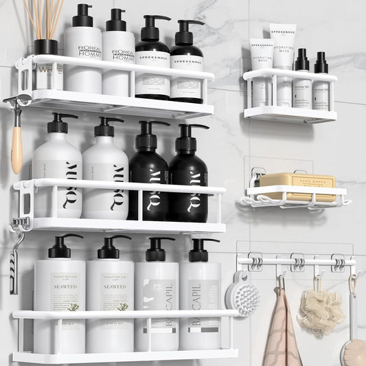 Shower Caddy, 6 Pack Large Capacity Shower Organizer with Soap Holder and 12 Hooks, Rustproof Shower Shelves, No Drilling, White