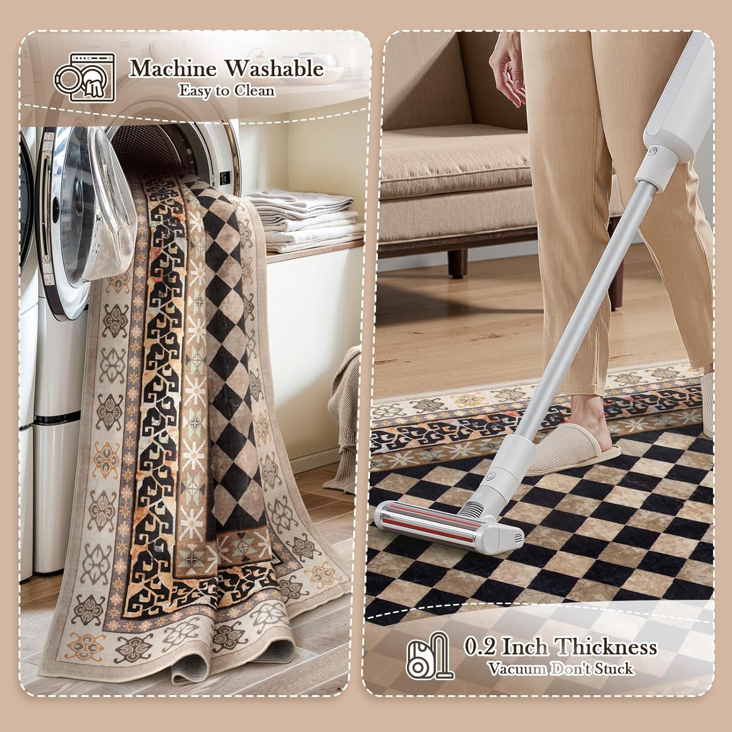 Washable Checkered 5X7 Area Rugs, Non-Slip Black and Brown (5X7)