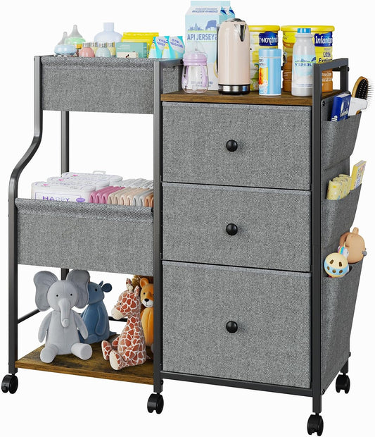 Baby Diaper Caddy, 3 Tier Baby Organizer and Storage Cart with Dividers and Drawers, Mobile Utility Rolling Cart, Grey