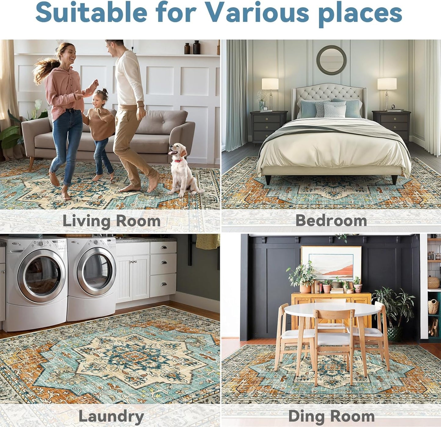 6X9 Area Rugs for Living Room,Non-Slip Soft Washable Rug with Vintage Medallion Pattern, , Orange Blue