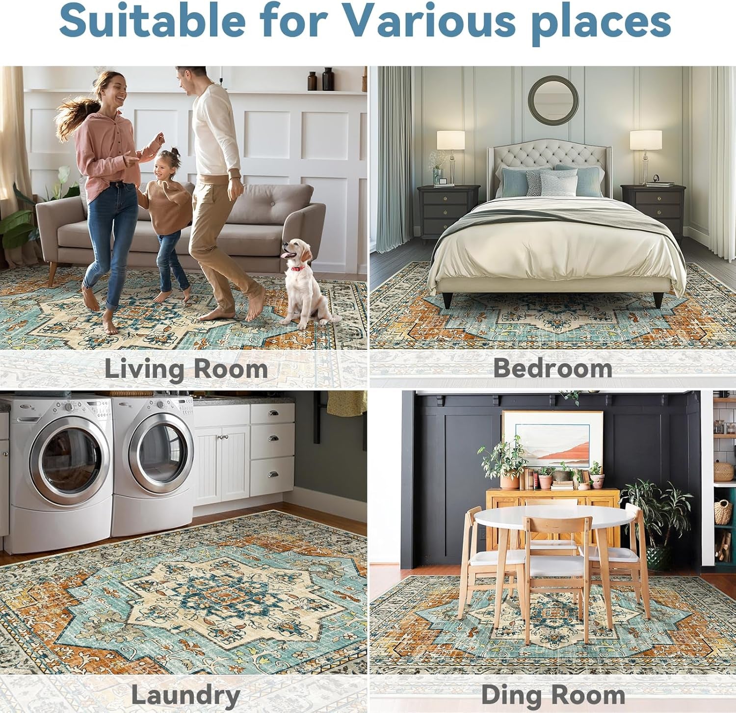 6X9 Area Rugs for Living Room,Non-Slip Soft Washable Rug with Vintage Medallion Pattern, , Orange Blue