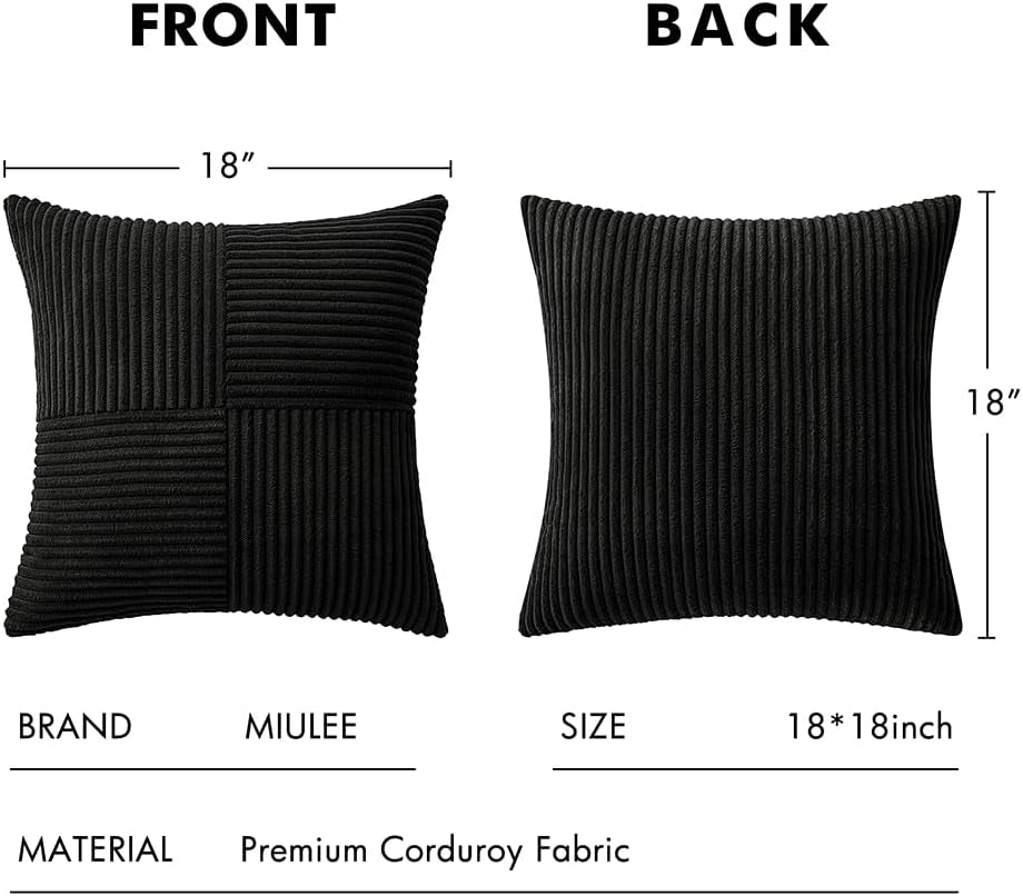 Black Corduroy Throw Pillow Covers Pack of 2 18X18 Inch